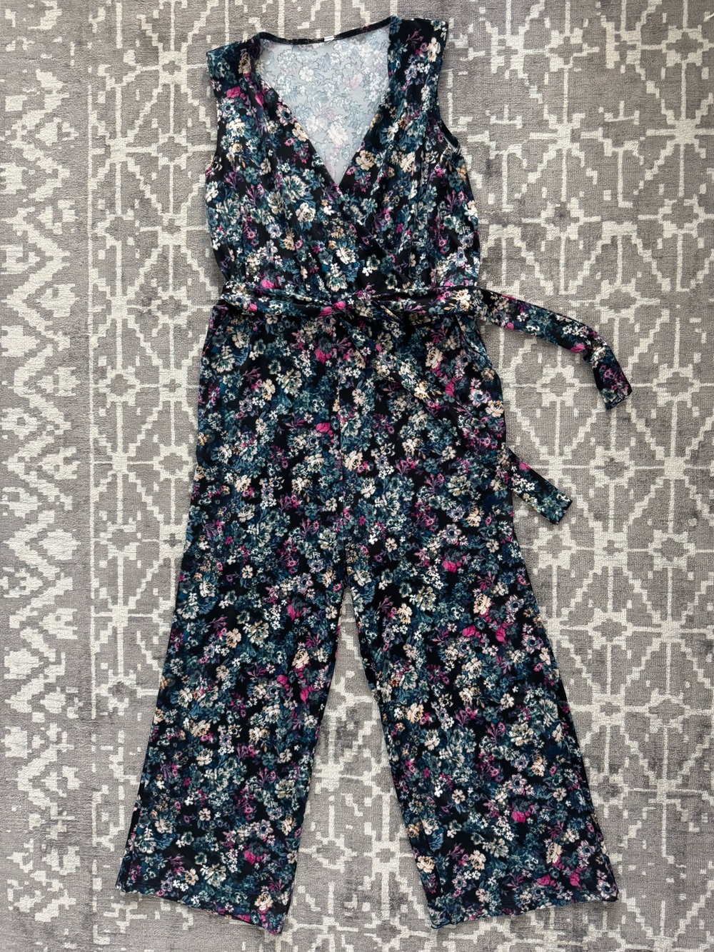 Sleeveless Floral Jumpsuit in Navy with Pink Accents